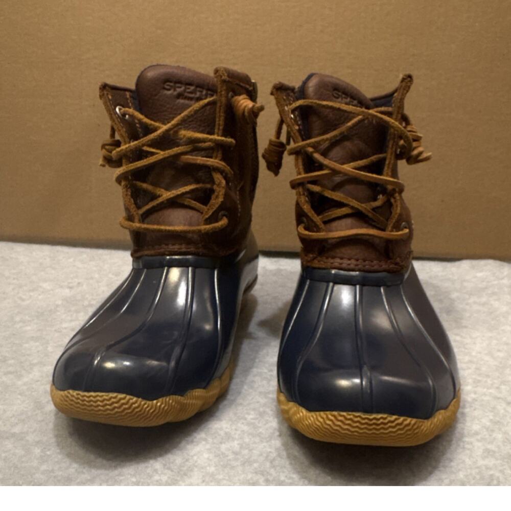 Sperry Women’s Duck Hunting Boots , Blue/Brown Rubber Ankle Lace-Up zip, size 5M